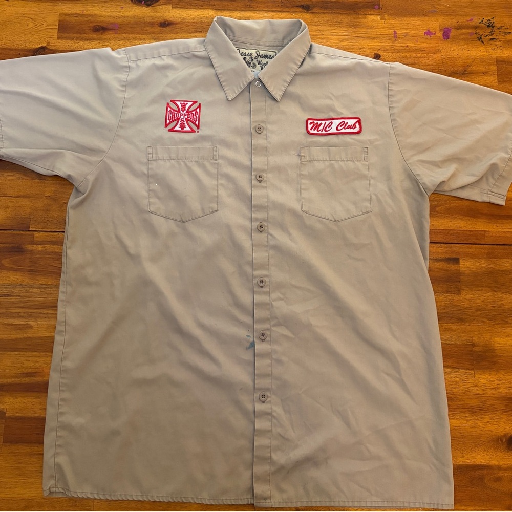 Men's VTG Jessie James Short-Sleeve Work Shirt with Red Patch Logos - Beige